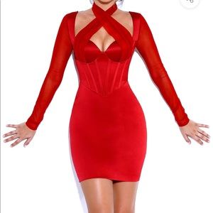 Miss Circle - Jocelyn Burgundy Satin Mesh Long Sleeve Corset Dress